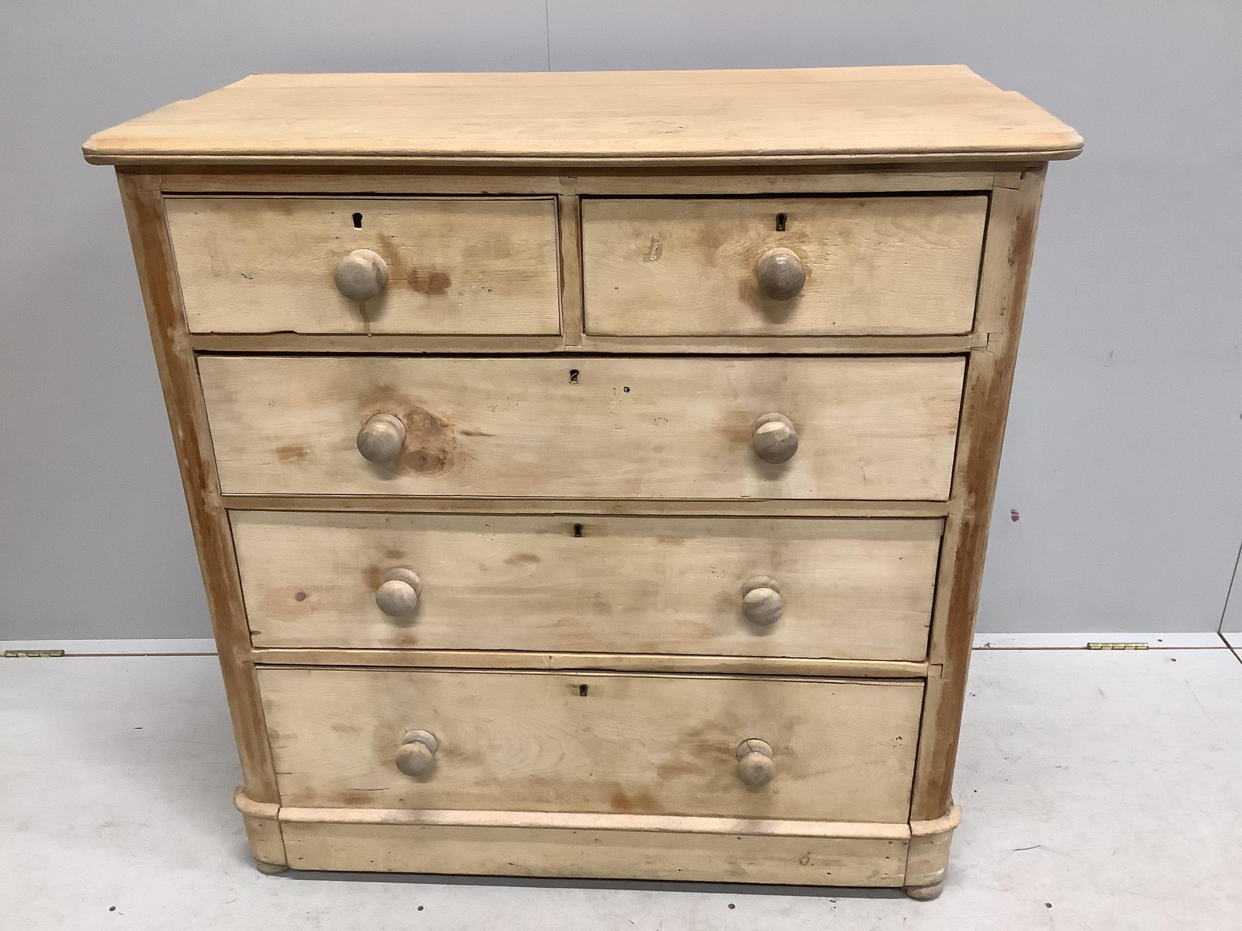 A Victorian pine chest, width 104cm, depth 49cm, height 105cm. Condition - fair, top cut to both sides